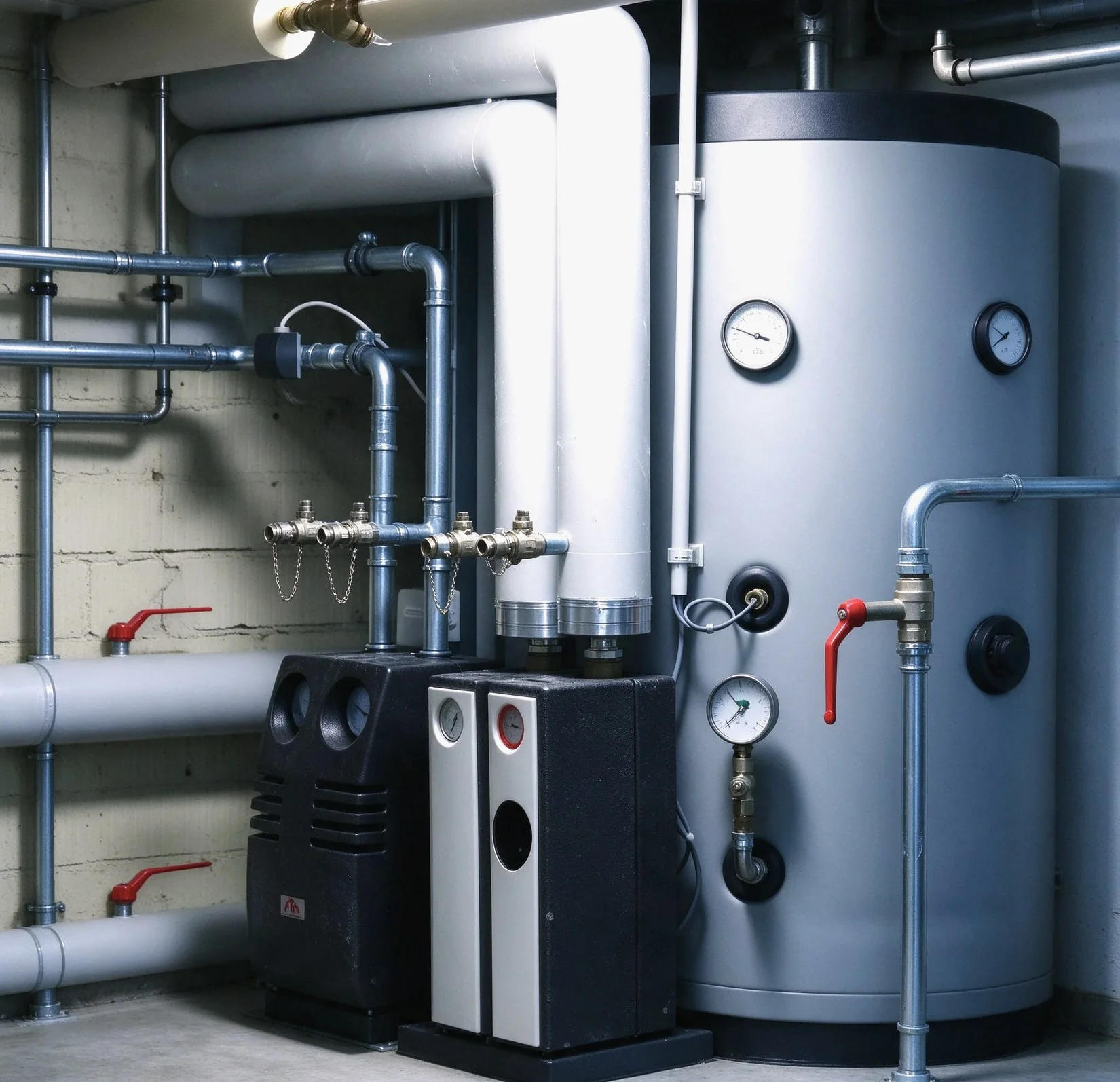 Installierte Wärmepumpenanlage von bill + künzi ag im Technikraum.